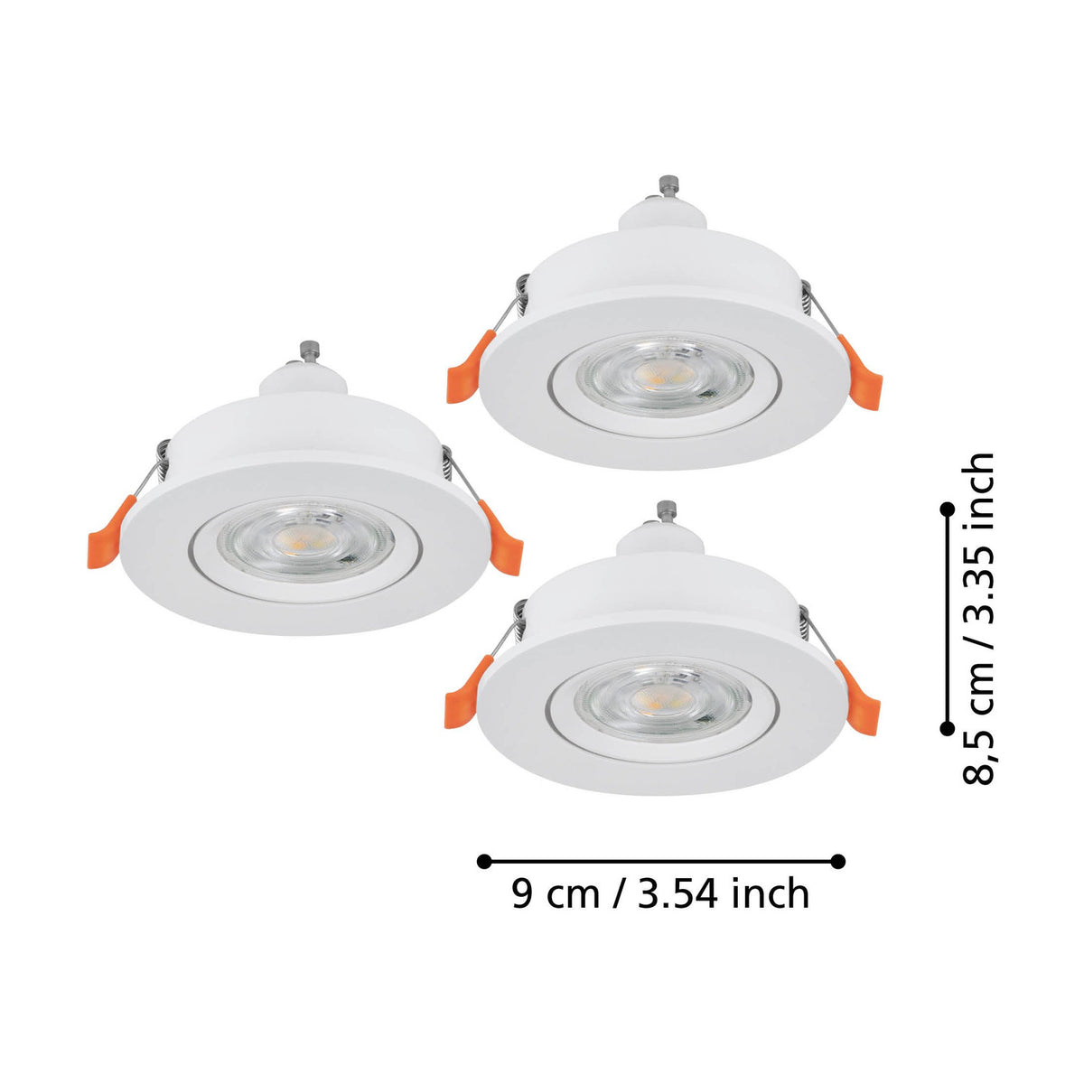Barranco recessed downlight set of 3 in white plastic, round 9cm fixtures with GU10 lamps, shown with dimensions 9cm diameter and 8.5cm depth on a white background.