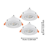 Barranco recessed downlight set of 3 in white plastic, round 9cm fixtures with GU10 lamps, shown with dimensions 9cm diameter and 8.5cm depth on a white background.