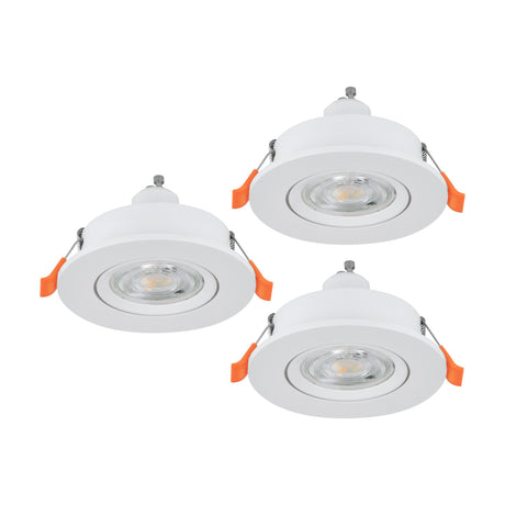 Barranco round recessed downlight set of 3, 9cm white plastic bodies with GU10 lamps and spring clips, shown on a plain white background.