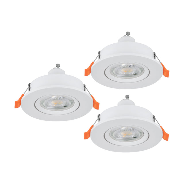 Barranco round recessed downlight set of 3, 9cm white plastic bodies with GU10 lamps and spring clips, shown on a plain white background.
