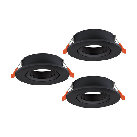 Barranco downlight set of three, round recessed GU10 spotlights with tiltable inner ring, black plastic finish, 9cm each, shown on a plain white background.