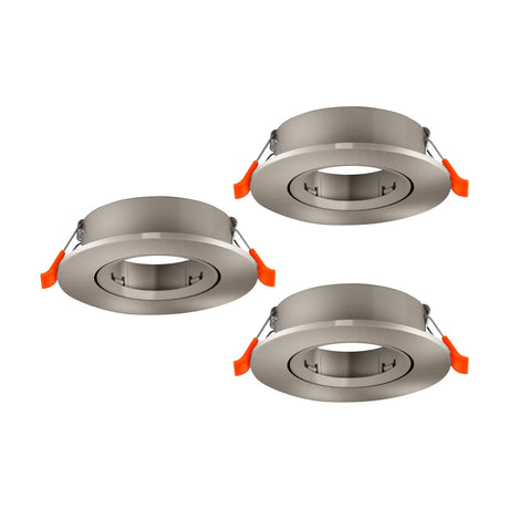 Set of three round recessed downlights, 9cm satin nickel finish with tiltable inner rings and orange spring clips, for GU10 bulbs, on a plain white background.