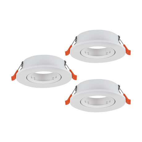Set of three round white plastic recessed downlights, Barranco 9cm, each with a tiltable inner ring and GU10 fitting, shown on a plain white background.