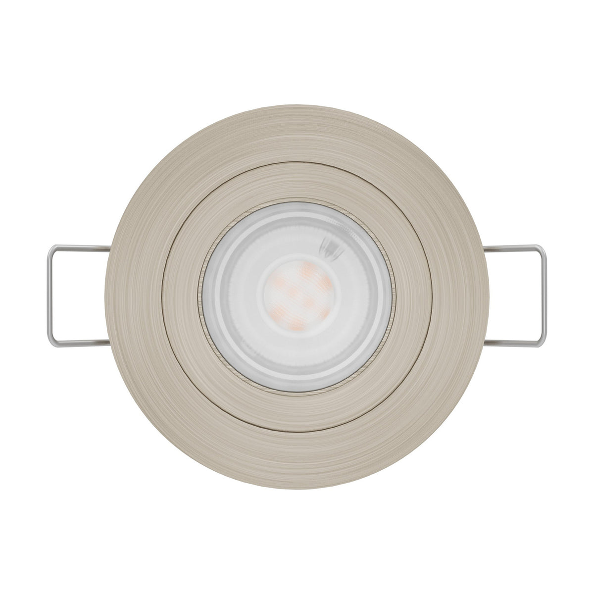 Barranco round recessed downlight in satin nickel finish with brushed grain, 9cm bezel, tiltable inner ring fitted with a GU10 LED bulb, shown on a plain white background.