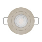 Barranco round recessed downlight in satin nickel finish with brushed grain, 9cm bezel, tiltable inner ring fitted with a GU10 LED bulb, shown on a plain white background.
