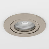 Barranco round recessed downlight in satin nickel finish with brushed grain, 9cm bezel and tiltable GU10 ring, shown on a plain white background.