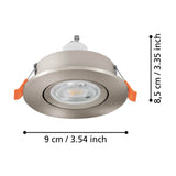Barranco round recessed downlight in satin nickel finish with tilting GU10 bezel, shown with dimension labels 9cm diameter and 8.5cm height on a white background.