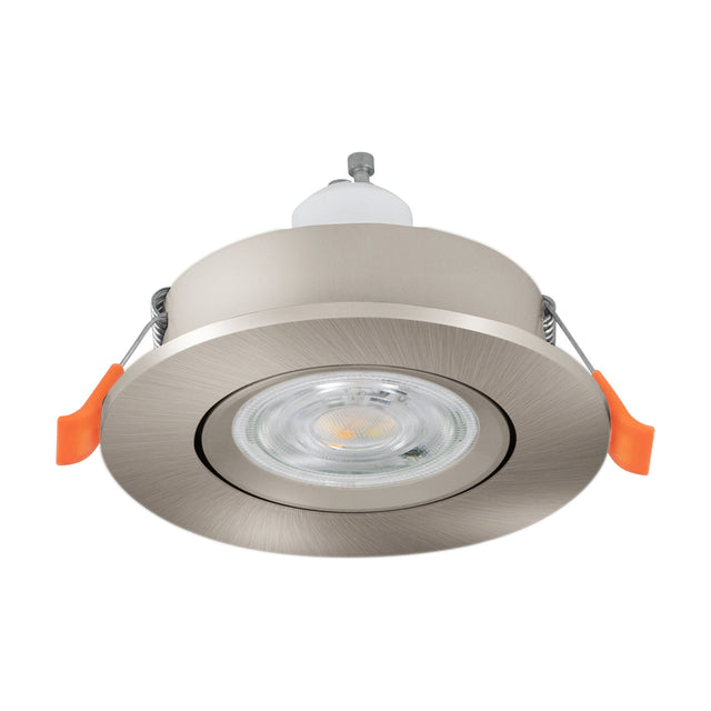 Barranco round recessed downlight in satin nickel finish with brushed grain, tiltable inner ring, GU10 LED bulb and orange spring clips, shown on a white background.