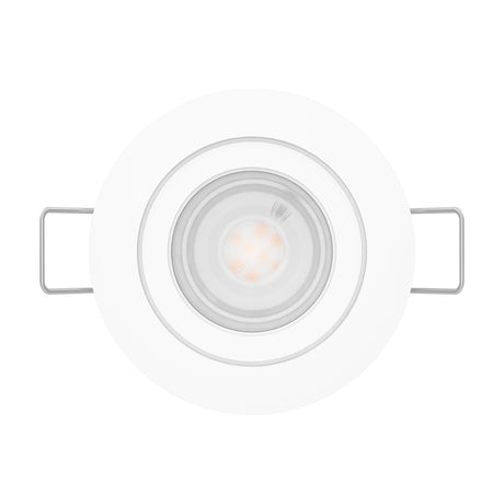 Barranco round recessed downlight in white plastic, 9cm face with inner ring framing a GU10 warm white bulb, shown front-on against a plain white background.