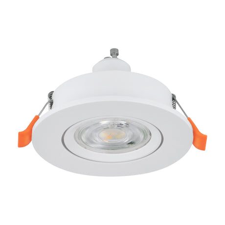 Barranco round recessed downlight in white plastic, 9cm face with GU10 warm white LED and adjustable orange ceiling clips, shown on a plain white background.
