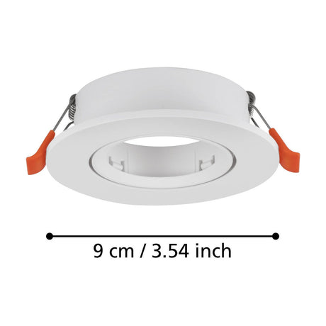 Barranco Downlight recessed fitting with round white plastic body and spring clips, shown with 9cm / 3.54 inch diameter measurement on a plain white background.