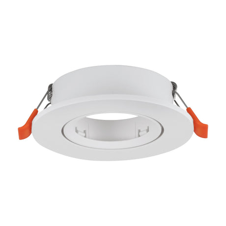 Barranco Downlight 5W 9cm in white: round recessed fixture with white plastic body, spring clips with orange tips for mounting, and a GU10 bulb socket, shown on a plain white background.