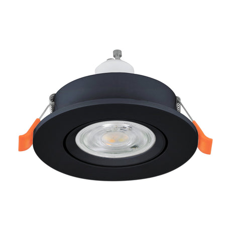 Barranco Downlight 8.4cm in black, round recessed fitting with plastic body, tiltable GU10 bulb, spring clips, and orange safety tabs, shown on a white background.
