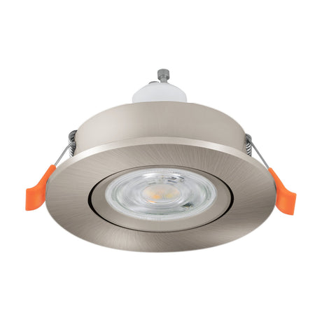 Barranco Downlight 8.4cm in satin nickel, round recessed fitting with GU10 bulb and orange spring clips, shown on a plain white background.