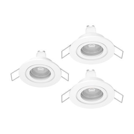 Barranco Downlight 8.4cm set of three round recessed GU10 downlights in white plastic with slim flat trims, shown tilted on a plain white background.