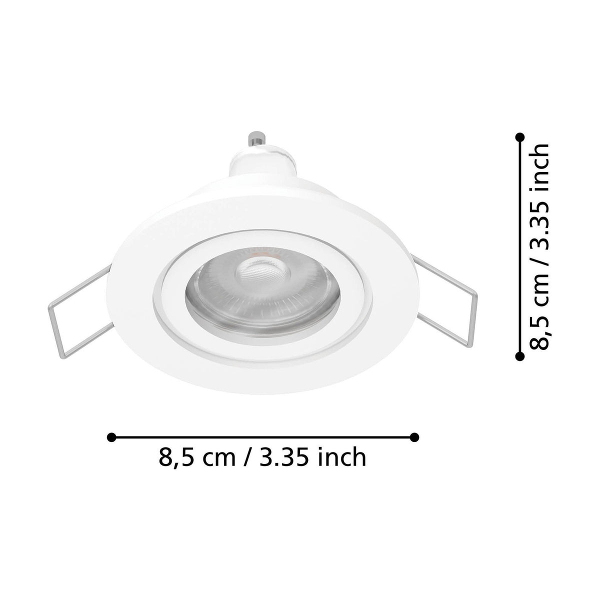 Barranco Downlight in white plastic with adjustable round bezel and GU10 bulb, shown with dimension labels of 8.5cm diameter and height on a white background.