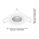 Barranco Downlight in white plastic with adjustable round bezel and GU10 bulb, shown with dimension labels of 8.5cm diameter and height on a white background.
