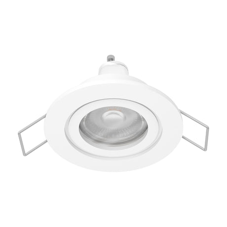 Barranco Downlight 8.4cm round recessed ceiling light in white plastic with tiltable GU10 bulb and spring clip mounting, shown on a plain white background.