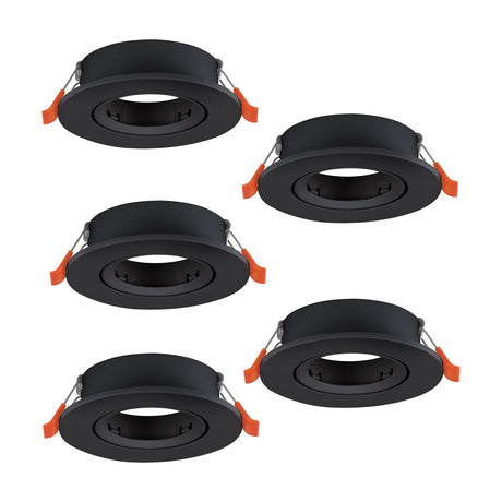 Barranco Downlight Set of 5 in black, showing five round recessed plastic frames with tilting inner rings and spring clips, set against a plain white background.