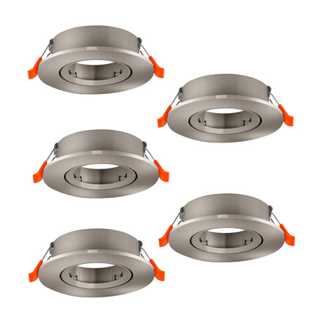 Barranco Downlight Set of 5 in satin nickel, round recessed ceiling fittings with tiltable inner rings and orange spring clips, GU10 fitting, shown on a plain white background.