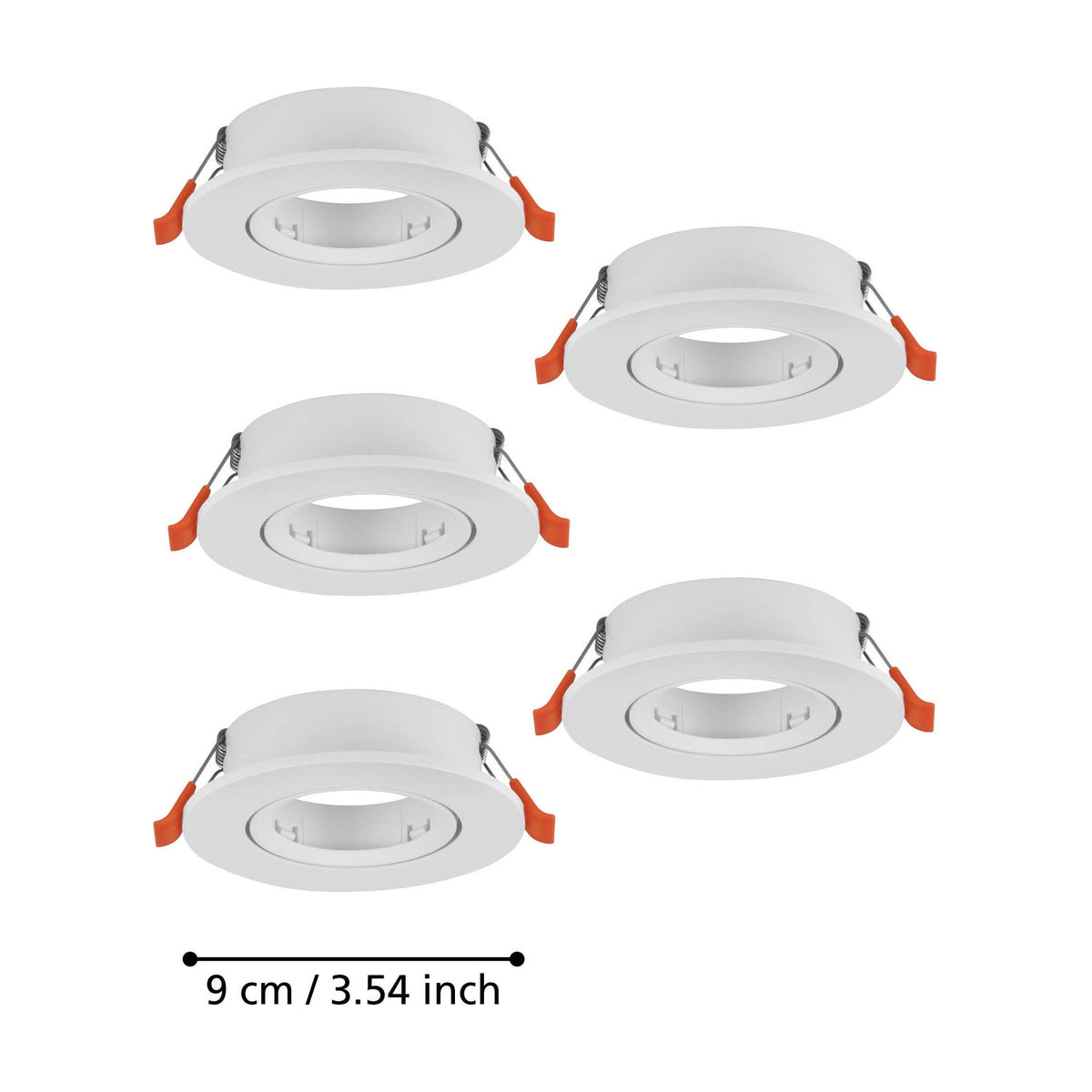 Set of five round white plastic recessed downlights, each 9cm wide with a flat rim and GU10 bulb holder, shown on a plain white background.