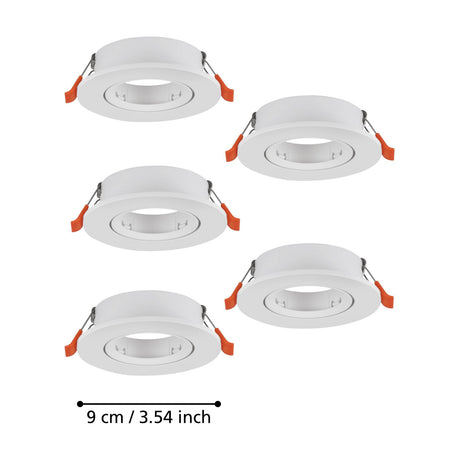 Set of five round white plastic recessed downlights, each 9cm wide with a flat rim and GU10 bulb holder, shown on a plain white background.
