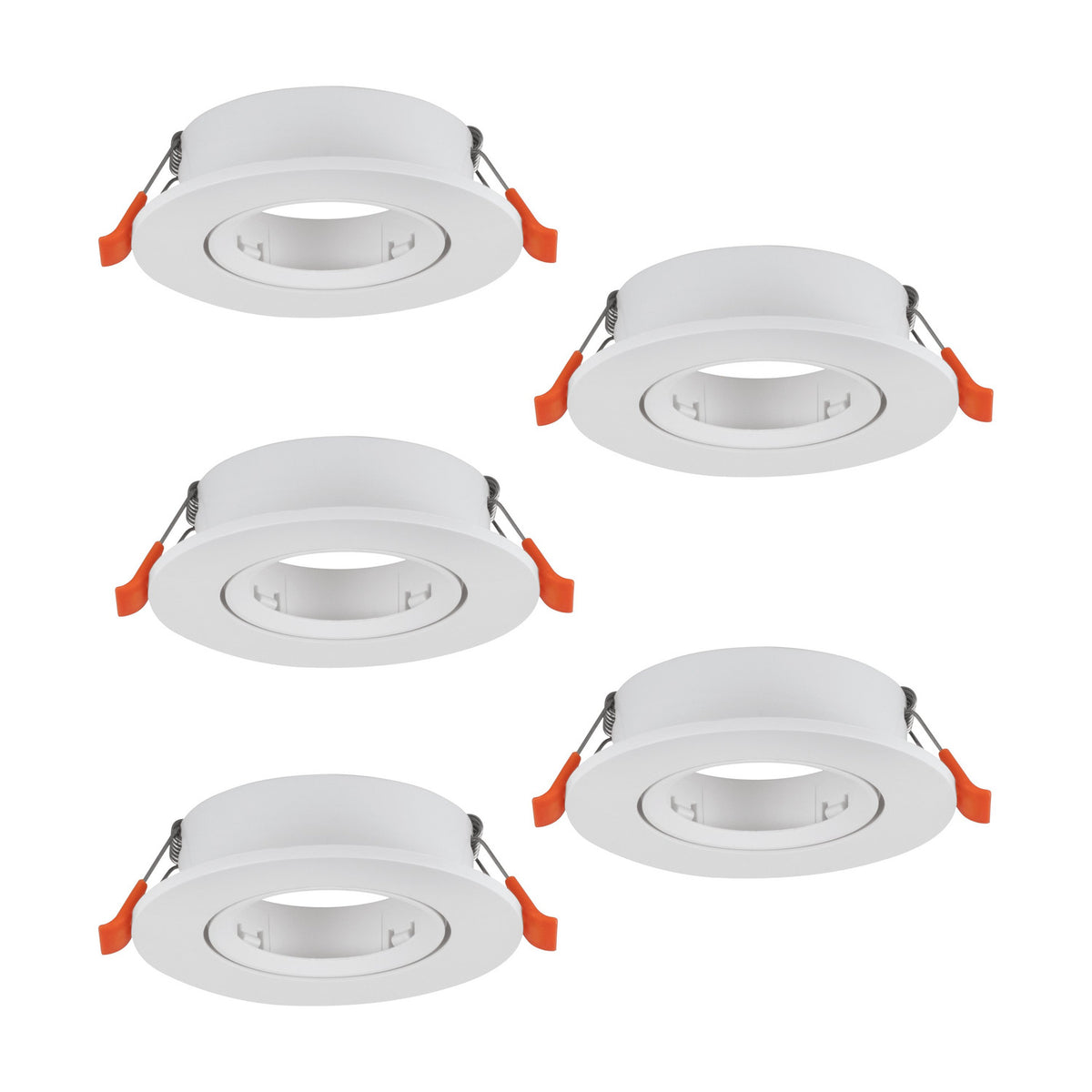 Set of five round white plastic recessed downlights with flat rims and GU10 bulb holders, shown with spring clips on a plain white background.