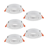 Set of five round white plastic recessed downlights with flat rims and GU10 bulb holders, shown with spring clips on a plain white background.