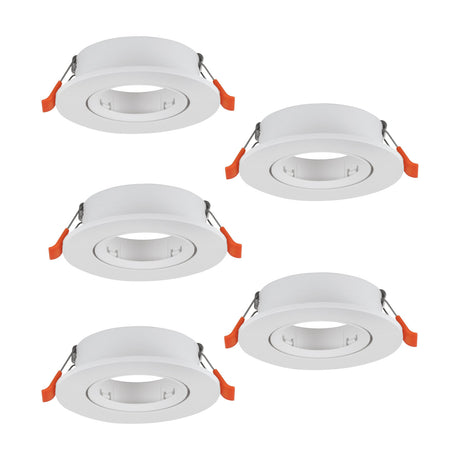 Set of five round white plastic recessed downlights with flat rims and GU10 bulb holders, shown with spring clips on a plain white background.