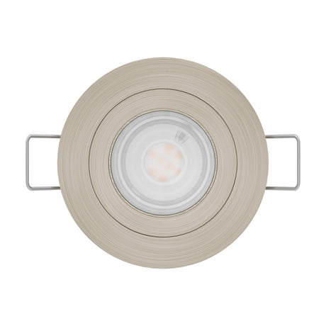 Barranco LED Downlight in satin nickel, round recessed fixture with brushed finish, slim inner ring and tilting spring clips, shown face-on against a plain white background.
