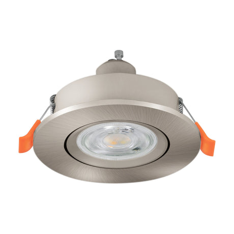 Barranco LED Downlight in satin nickel, a round recessed fixture with a brushed metal bezel, slim inner ring, and integrated LED, shown on a plain white background with orange spring clips visible.