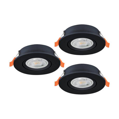 Barranco LED Downlight Set of 3 in black, round plastic recessed fittings with tilting integrated LEDs and orange spring clips, shown on a plain white background.