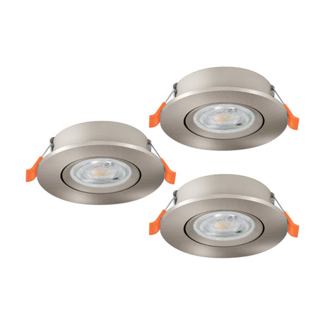 Barranco LED Downlight Set of 3 in satin nickel, round recessed fixtures with integrated LED and adjustable tilt, shown on a plain white background.