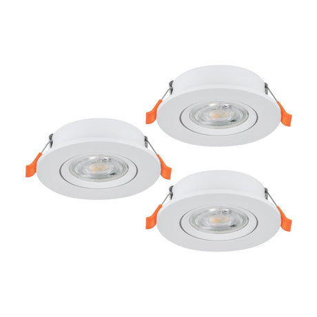 Barranco LED Downlight Set of 3 in white, showing three round recessed fittings with slim white rims, adjustable orange-tipped spring clips and integrated LED lenses on a plain background.