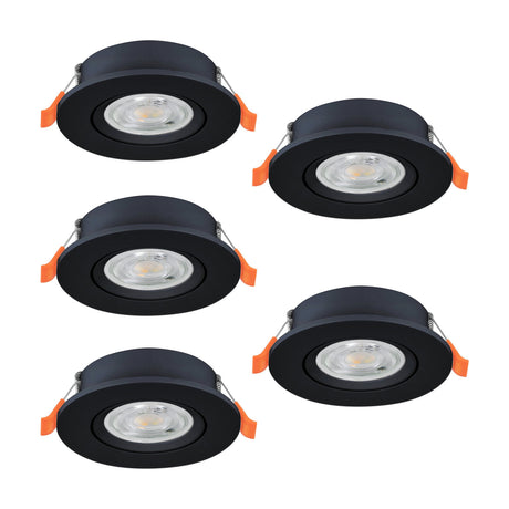 Barranco LED Downlight Set of 5 in black, round recessed plastic fixtures with tilting inner rings and integrated LEDs, shown on a plain white background.