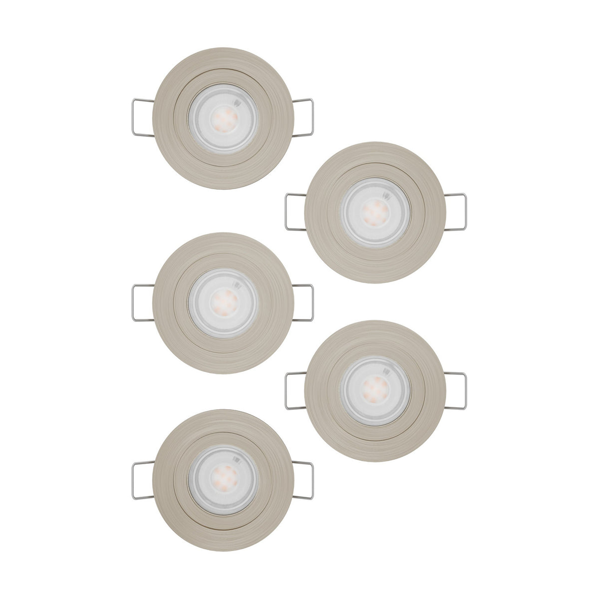 Set of five round Barranco LED downlights in satin nickel plastic with adjustable tilt and clear integrated LED lenses, arranged on a plain white background.
