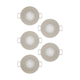 Set of five round Barranco LED downlights in satin nickel plastic with adjustable tilt and clear integrated LED lenses, arranged on a plain white background.