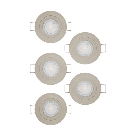 Set of five round Barranco LED downlights in satin nickel plastic with adjustable tilt and clear integrated LED lenses, arranged on a plain white background.