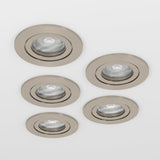 Set of five round LED downlights in satin nickel with brushed trim rings and integrated lenses, shown against a plain light background.