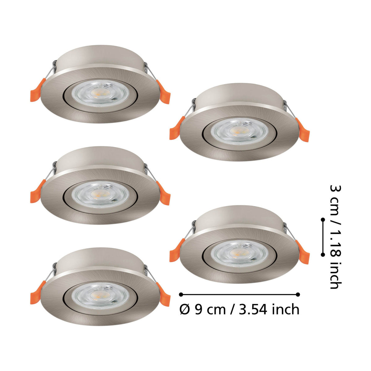 Set of five round satin nickel LED downlights with adjustable orange clip brackets, shown on a white background with diameter 9cm and depth 3cm labelled.