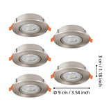 Set of five round satin nickel LED downlights with adjustable orange clip brackets, shown on a white background with diameter 9cm and depth 3cm labelled.