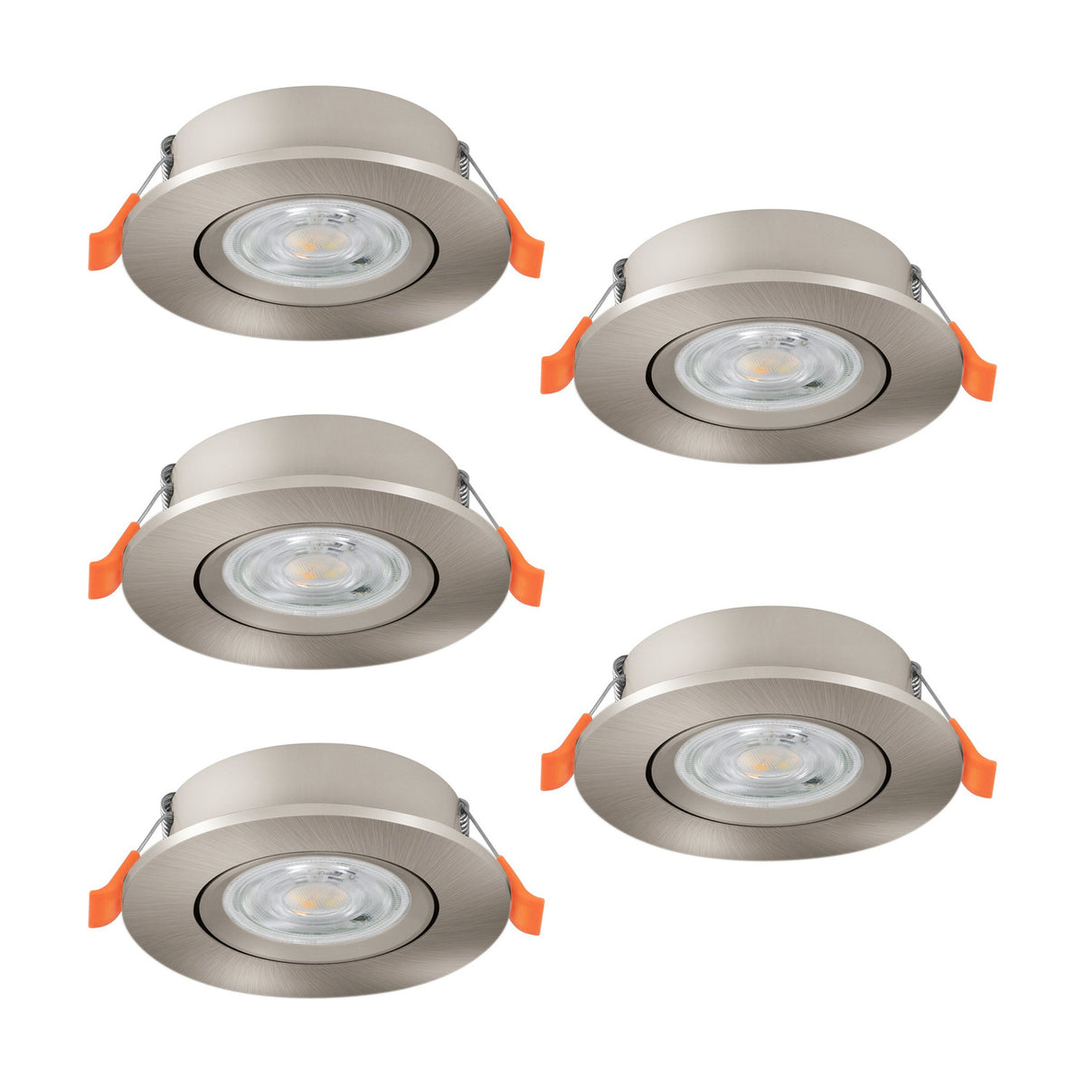 Set of five round LED downlights in satin nickel, each with an adjustable plastic trim and integrated light source, shown on a plain white background.