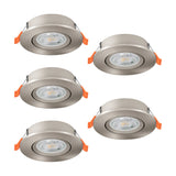 Set of five round LED downlights in satin nickel, each with an adjustable plastic trim and integrated light source, shown on a plain white background.