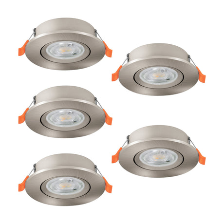 Set of five round LED downlights in satin nickel, each with an adjustable plastic trim and integrated light source, shown on a plain white background.