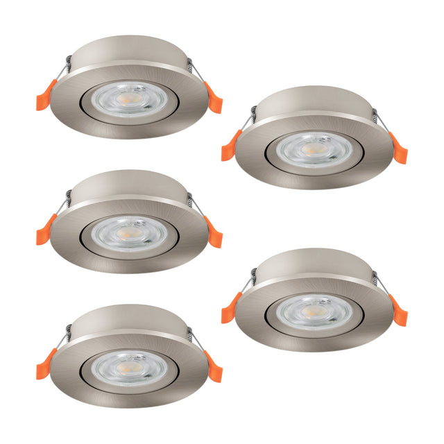 Set of five round LED downlights in satin nickel, each with an adjustable plastic trim and integrated light source, shown on a plain white background.