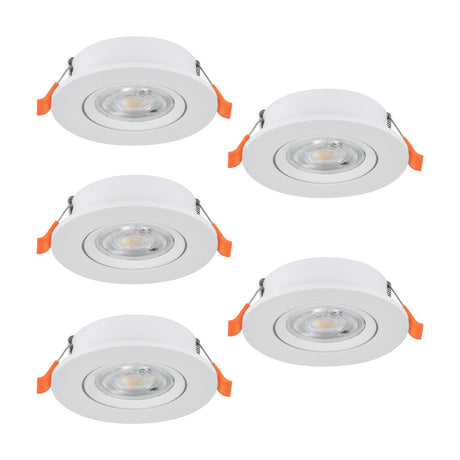 Barranco LED Downlight Set of 5 in White, round plastic recessed fittings with adjustable tilt and integrated LED, shown with spring clips on a plain white background.