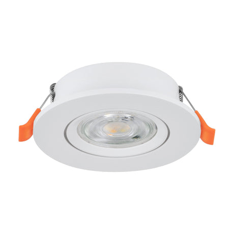 Barranco LED Downlight in white, a round recessed ceiling fixture with white plastic body, white trim, integrated LED and spring clip fittings with orange tips, shown on a plain white background.
