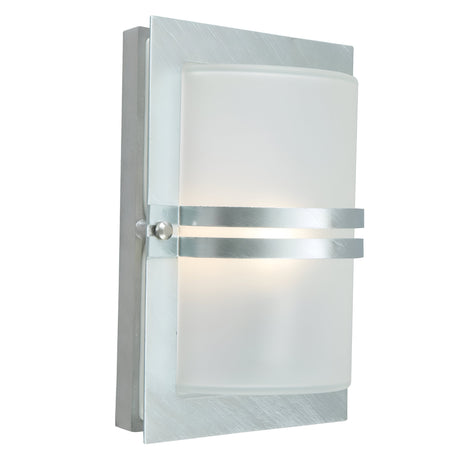 Introducing the Basel Outdoor 1 Light Wall Lantern in Silver, featuring a modern design with a brushed metal frame and frosted glass shade. This stylish fixture boasts an IP54 rating for durability, and is elegantly accented by two horizontal metal bands encircling the glass.