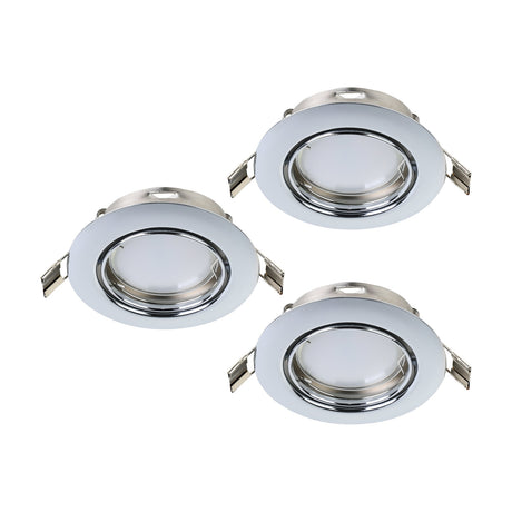 Set of three round adjustable downlights with chrome finish, steel bodies, and frosted lenses, each fitted with GU10 clips, shown on a white background.