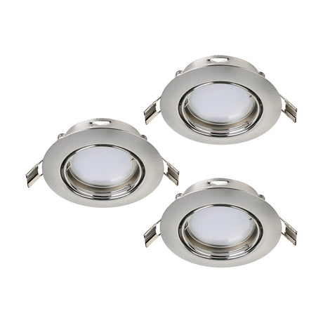 Baselle Adjustable Downlight Set of 3 in satin nickel, round steel trims with polished inner rings and adjustable GU10 fittings, shown on a plain white background.
